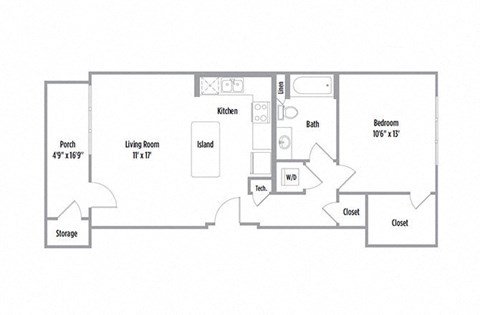 Floor plan for 1 bed, 1 bath, 730 sqft